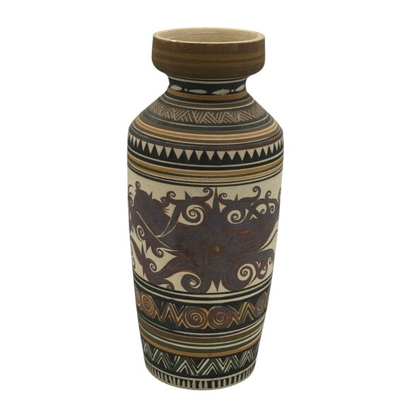 Vtg Earthenware Pottery Vase Handmade Painted Etched Brown Black Malaysia 11.5" - Picture 1 of 7